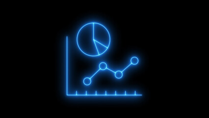 Glowing neon Data Graph and Pie Chart Icon on Black Background. Abstract analytics, statistics, reporting for digital projects.