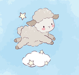 Hand drawn cute jumping sheep over cloud, kids print vector art