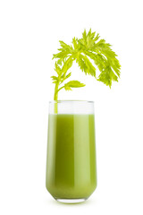 Fresh green vegetable juice of spinach, greens, cucumber with a vibrant celery stalk garnish in glass, isolated. Antioxidant vitamin beverage of organic vegetable  for healthy eating menu restaurant.