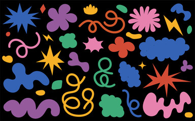 Abstract clouds and flowers shapes sticker set. Abstract set colorful retro groovy shapes on a black background.