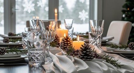 Warm and inviting holiday dinner table arrangement with candles, evergreens, and elegant glassware against a snowy backdrop