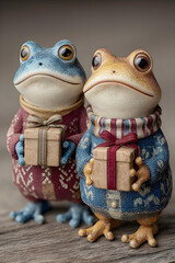 two charming, anthropomorphic ceramic frogs wearing cozy, patterned sweaters and holding wrapped holiday gifts