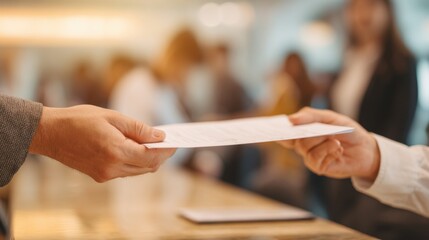 close-up of hands exchanging paperwork at dental reception, blurred background figures male and female, shallow depth of field
