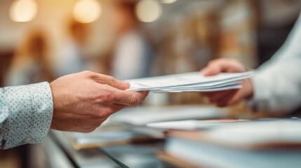 close-up of hands exchanging paperwork at dental reception, blurred background figures male and female, shallow depth of field

