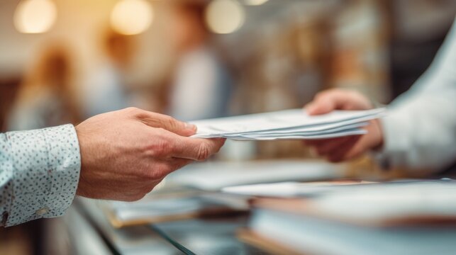 close-up of hands exchanging paperwork at dental reception, blurred background figures male and female, shallow depth of field
