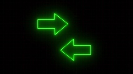 Glowing neon directional arrow icon animation. Green color arrow direction to left and right. Road sign information traffic signal arrow moving on black background.