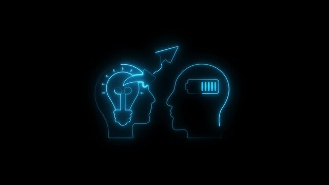 Two glowing neon heads facing each other, one with a lightbulb idea and the other with a battery, representing knowledge transfer