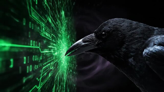 Raven or crow featuring dark glossy feathers with an intimidating eye against a swirling background of purple smoke, creating a mysterious and gothic atmosphere