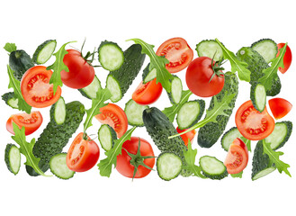 Healthy food. DNA spiral of fresh vegetable salad ingredients, isolated. Red tomato, green cucumbers, greens fly as straight flow, art composition. Summer organic food, advertising, design, branding.