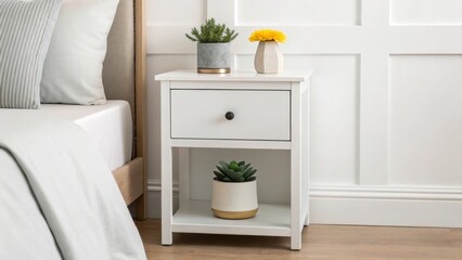 Create a serene minimal modern bedroom with a white nightstand featuring a small pot of succulents and daisies in clean soft tones