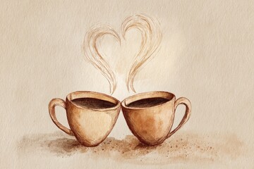 watercolor illustration of two coffee cups forming heart-shaped steam, beige background, cozy valentine vibe 