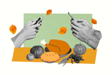 Poster image artwork pop collage of human hands hold phone table banquet cake carrot roasted turkey...