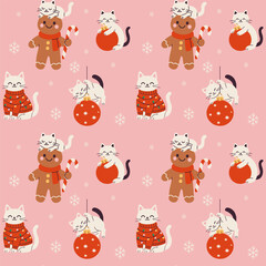 Colorful pattern featuring playful cats and festive gingerbread cookies on a pink background
