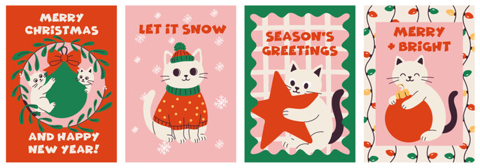 Cute holiday cards featuring festive cats with cheerful designs for Christmas and New Year celebrations