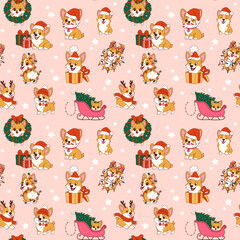 Obraz premium Cute corgis celebrate winter holidays with gifts and decorations on a festive pink background