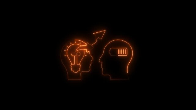 Two glowing orange neon heads facing each other, one with a lightbulb idea and the other with a battery, representing knowledge transfer