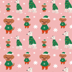 Obraz premium Cute dogs wearing festive sweaters on a pink background with snowflakes during winter season