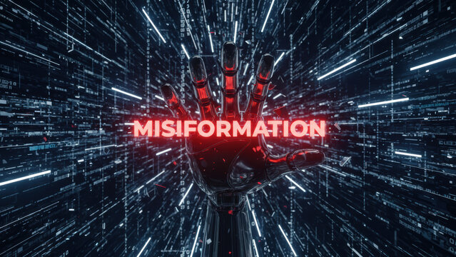 Misformation concept with robotic hand and digital data background representing ai deepfake crimes in technology and cybersecurity