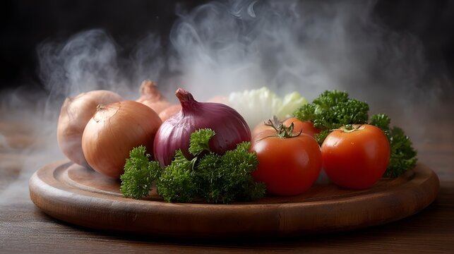 Fresh steaming vegetables including onions tomatoes and parsley arranged on a rustic wooden board with a dark background and ambient mist