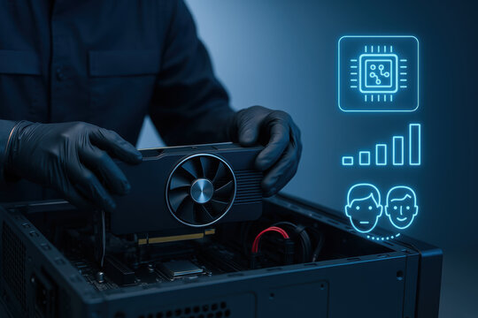 Person installing computer graphics card with ai chip and deepfake technology icons representing crimes and digital manipulation