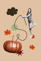 Banner image zine art pop trend collage of happy girl hold rope pumpkin celebration thanksgiving occasion leaves maple autumn