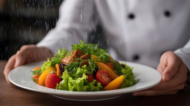 Chef sprinkles seasoning on a fresh gourmet salad emphasizing healthy cuisine prepa n - Powered by Adobe