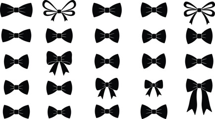 Collection of elegant bow tie silhouettes, ribbon and decorative bow vector illustration set for fashion, gift wrapping, celebration, and design decoration concepts