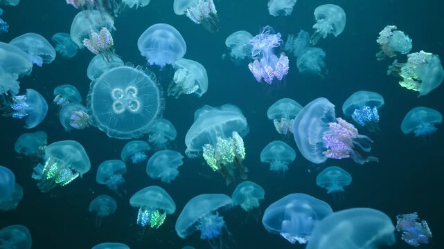 Multiple translucent jellyfish with glowing bioluminescent tentacles are gracefully swimming in dark blue underwater environment, showing marine life and aquatic beauty