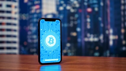 A smartphone displaying cryptocurrency symbol on a city night background with wooden table - Powered by Adobe