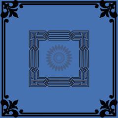 Discover a sophisticated blue background with intricate black ornamental square border and stylish corner accents, featuring a delicate floral mandala in the center. Perfect for digital art, invitatio