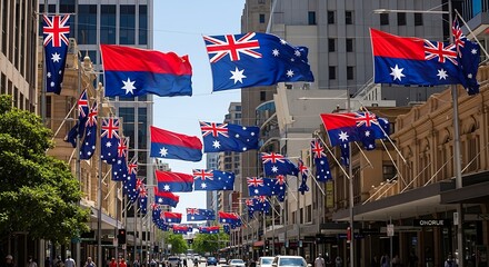 A vibrant streetscape in Australia adorned with national flags for celebration
