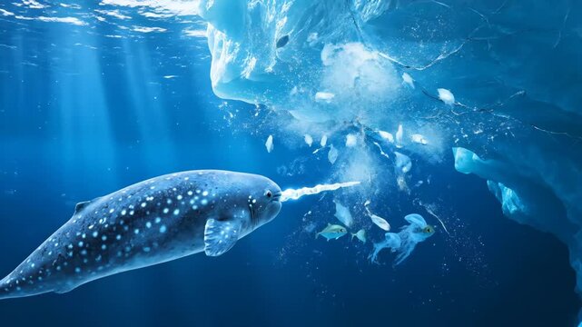 Narwhal swimming gracefully in the deep blue arctic ocean, its unique glowing tusk illuminated by sun rays filtering through the surface while marine life swims near the massive underwater iceberg