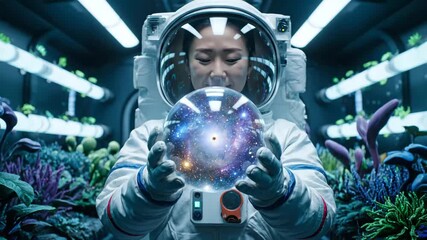 Female astronaut in a spacesuit cradling a glowing galaxy sphere amid futuristic hydroponic plants in a controlled greenhouse, symbolizing exploration and new life possibilities - Powered by Adobe