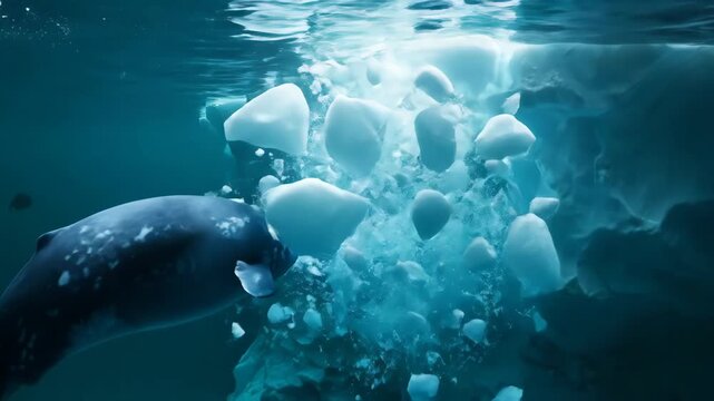 Narwhal swimming gracefully in the deep blue arctic ocean, its bright tusk illuminating the cold water near a massive iceberg, representing mystery and the beauty of marine wildlife