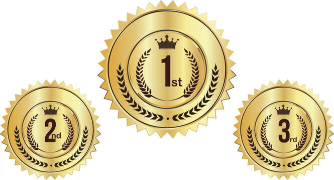 Premium Golden Ranking Seals: Metallic 1st 2nd 3rd Place Award Badges with Crown and Laurel Wreath for Competition Certification