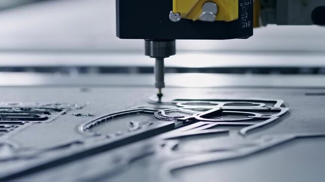 A CNC machine precisely cuts shapes into a metal sheet with a sharp bit. Machine's focus is on the cutting