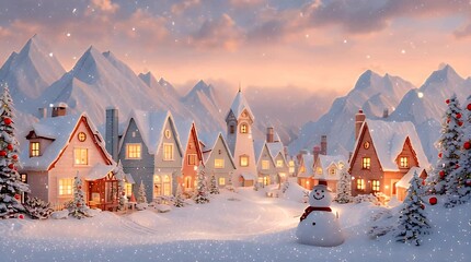 Cozy Snow Covered Village at Sunset with Snowman winter - Powered by Adobe