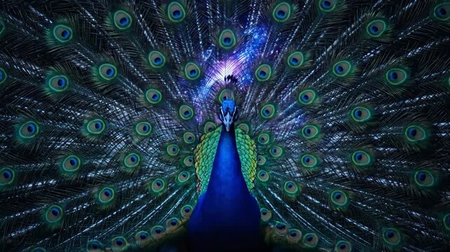 Peacock flaunting its vibrant blue and green plumage, facing forward with a proud pose against a dark, dramatic background, highlighting its elegant and luxurious feathers