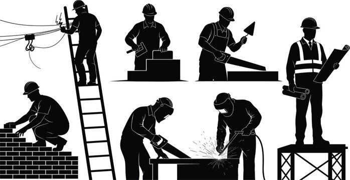 Construction workers welding, sawing, building, and wiring electricity, industrial construction site vector illustration, teamwork, engineering, and skilled labor concept for architecture development