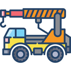 Yellow Construction Crane Truck With Orange Boom Arm And Blue Cabin Windows Featuring A Hook In Front On A Transparent Background
