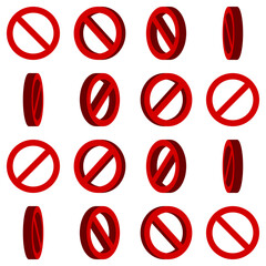 3D Style 16-Frame Sprite Sheet of Rotating Red No Sign General Prohibition Restricted or Forbidden Circle-Backslash Icon Set for Game or App Animation. Vector Image.