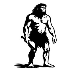 Strong Black and White Illustration of a Prehistoric Caveman