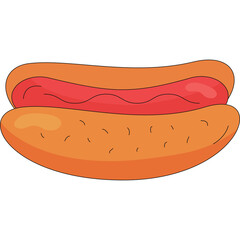 Astylized Cartoon Hot Dog with Red Sausage and Mustard Squeeze in a Golden Brown Bun with a Simple Orange Hue and a Black Outline on a Transparent Background