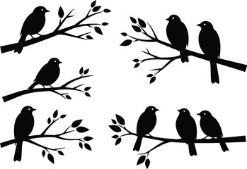 Birds sitting on tree branches silhouette vector illustration, nature wildlife graphic design concept, perfect for decoration, logo, pattern, and art projects