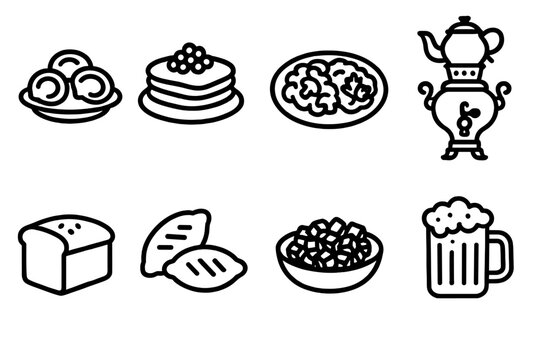 Russian Cuisine Icons. Russian Classics outline icon set: pelmeni, blini with caviar, beef stroganoff plate, samovar teapot, black bread, pirozhki, beet salad, kvass mug.