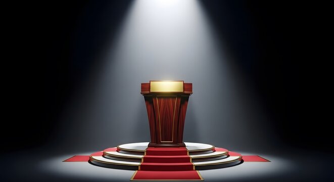 Podium on Red Carpet in Spotlight for Presentation Ceremony Speech Conference Competition Event Announcement, 3d Rendering and Dark Background - Powered by Adobe