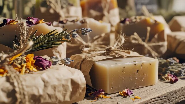 Close Up View of Various Bar Soaps Wrapped With Rustic Style Paper