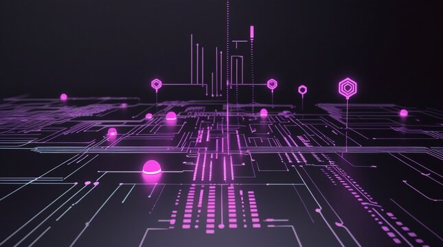 Futuristic cyberpunk circuit board glowing with purple neon lines minimalistic digital network concept artificial intelligence neural interface modern technology background