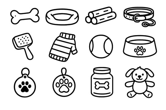 Dog Gift Essentials. Dog Gifts outline icon set: squeaky toy bone, cozy dog bed, chew treats, leash and collar set, grooming brush, dog sweater, tennis ball, food bowl,