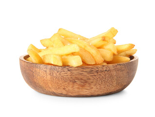 Wooden bowl with tasty french fries isolated on white background
